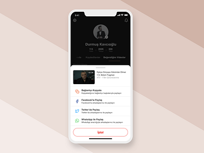 Profile > Liked Videos - Share Bottom Sheet action sheet apple bottom sheet daily design iphone x izlesene com mobile app design profile page re design share share social media ui ui design video app