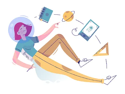 Graphic design booster character flat floating girl illustration ruler sketchbook space tablet