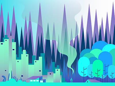 Behind The City Illustration camp city forest gradient green illustrate illustration landscape modern morning shot tosca tree