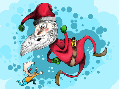 Runaway santa design drawing funny illustration paint santa claus