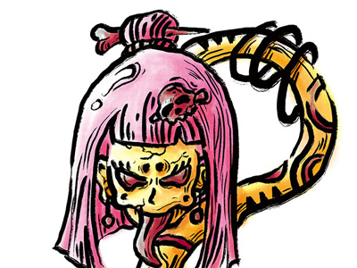 Hyakkiyakou-fly head asura dark graphic illustration japanese monster myth pink tattoo washpainting