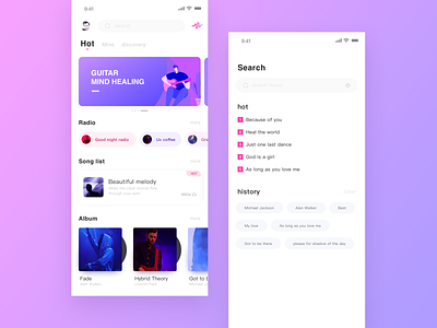 Music app homepage and search page album app history home page hot music music app radio search search for search page song list ui ux
