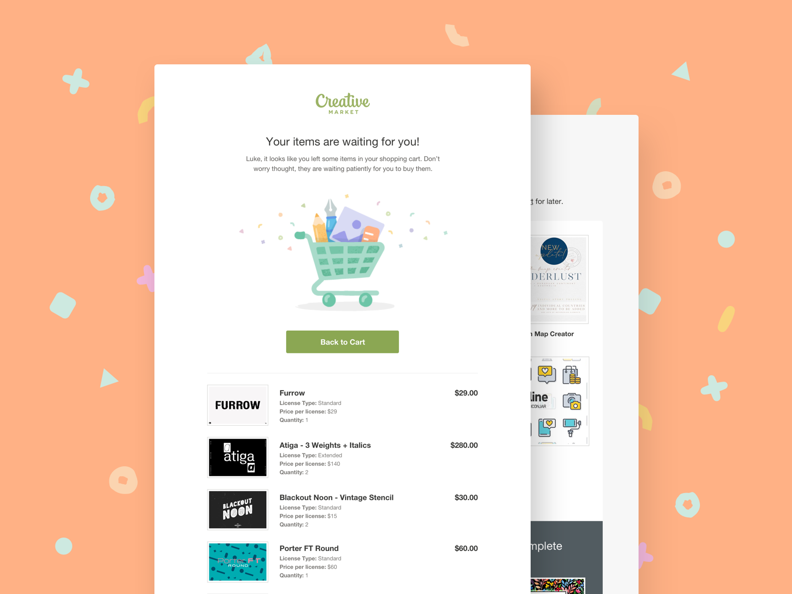 Example of Creative Market Reminder Emails