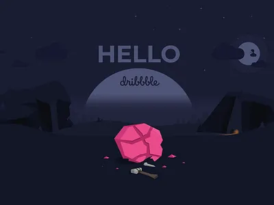 Hello Dribbble caveman dribbble hello illustartion moon night prehistory stone wheel