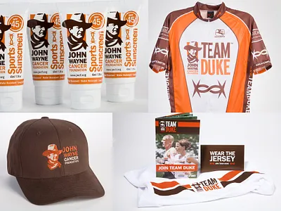 John Wayne Cancer Foundation & Team Duke brand applications branding design icon illustration lettering logo merchandise product branding promotional design type typography