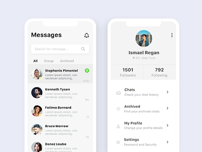 Chat App - Main Page & Profile Settings UI Design admin animation app branding dashboard design graphics icon illustration illustrator ios iphone lettering logo photoshop sketch type ui ux website