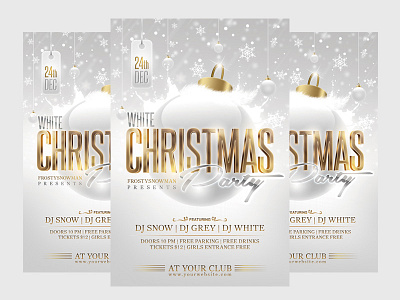 White Christmas Party Flyer Template christmas christmas ball christmas bash christmas flyer christmas party cool dj flyer flyer template glow gold nightclub print santa template unique white white party winter xmas