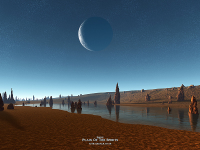 Shive - Plain Of The Spirits 3dart celestial digitalart exoplanet fantasy fantasyart fractal mojoworld monuments moon planets procedural scifi scifiart space spaceart spacescape stalagmites stars