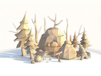 Low Poly Scene - Monochrome low ploy rocks scene sheep trees