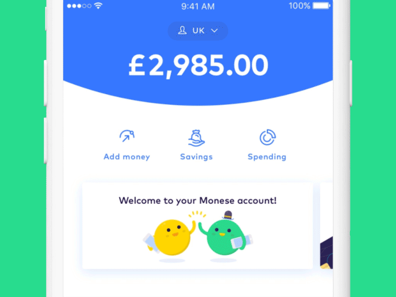 Monese homescreen header animation banking fintech framer greensock header monese transactions transition