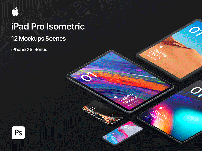 iPad Pro 2018 - 12 Isometric Mockups - PSD 2018 app apple apple devices download graphic design ipad ipad mockup ipad pro ipad pro mockup iphone x iphone x mockup iphone xs isometric isometric mockup mockup psd ui uiux user interface