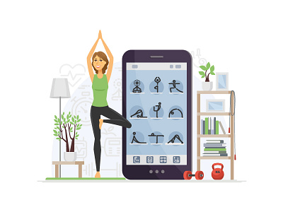 Home yoga cartoon cartoon character fitness illustration mobile app position sport vector woman yoga