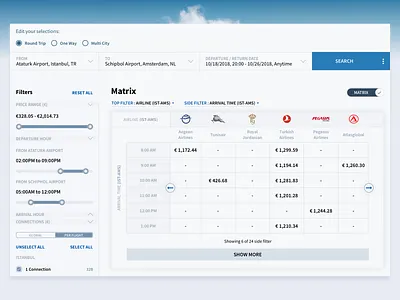 Matrix for Airline Search Results Page airline airlines data visualisation filter filters flight flight booking flight search flights matrix search search results ui design ux design