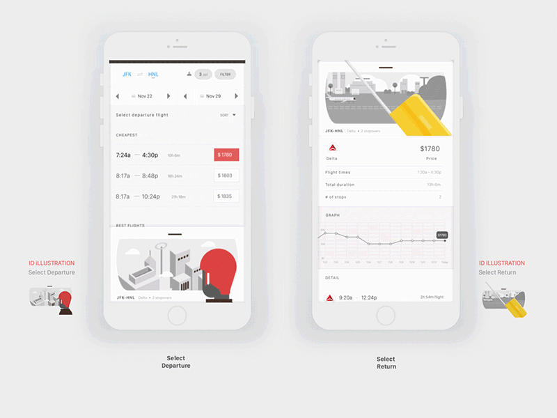 Flight App animated app booking browse concept departure design destination flight gif interaction list mobile return search select travel trip ui ux