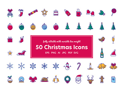 50 Christmas Icons christmas design flat holiday icon icon design icons icons pack icons set illustration monoline tree ux vector