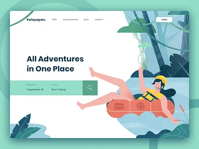 Kelayapan - Ngelayap Terus! adventure booking green header illustration outdoor activities river tubing swimming vest ui web