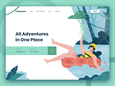 Kelayapan - Ngelayap Terus! adventure booking green header illustration outdoor activities river tubing swimming vest ui web