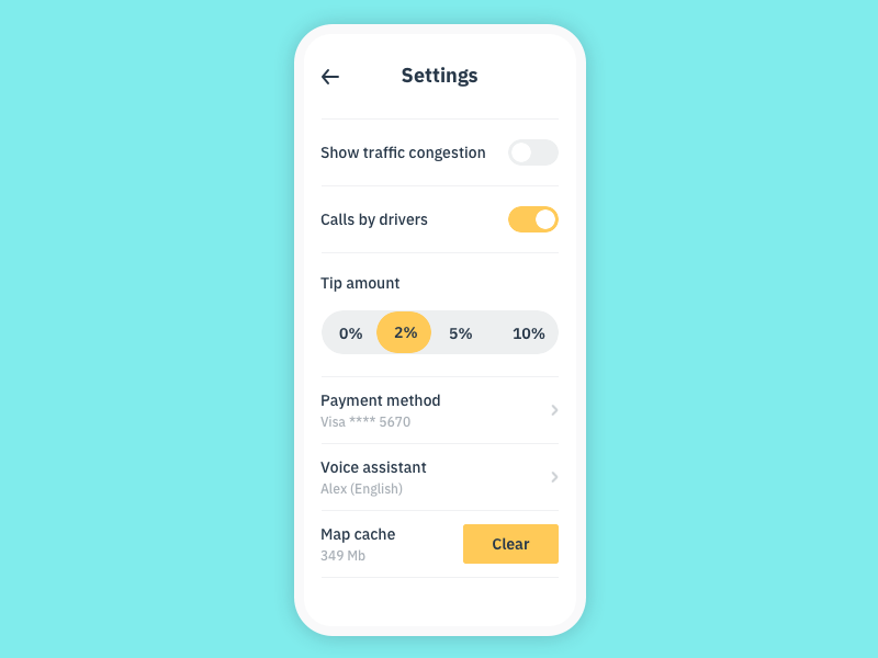 Taxi App Settings · DailyUI 007 007 app daily dailyui dailyui 007 dailyui007 gif gif animation principle settings ui