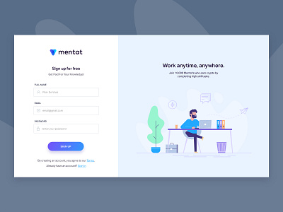 Blockchain platform sign up page block chain logo mentat platform sign in ui ux