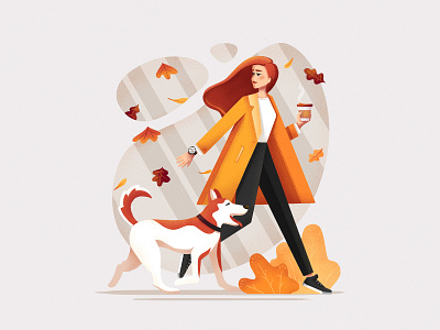 Morning walk autumn character colorful dog dog walking girl illustration leaf leaves walk woman