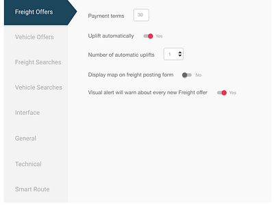 Freight Offers navigation settings tabs vertical navigation