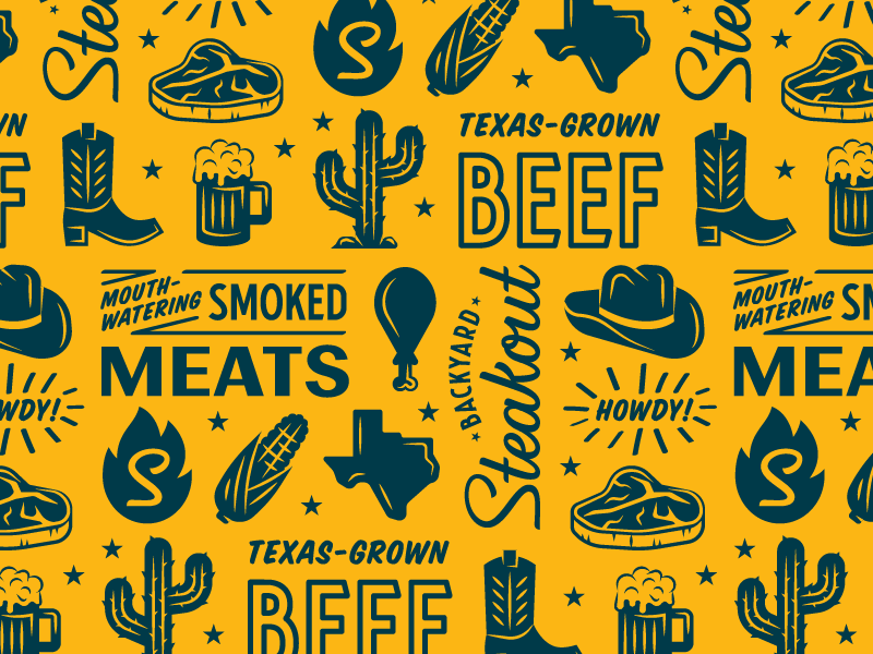 Backyard Steakout 1.8 badge bbq beer brand cowboy food illustration lockup logo pattern steak texas