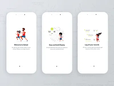 Getset 0nboarding screens app calories dashboad design fitness flat green health interaction design ios log minimal mobile onboarding onboarding screen pace running ui ux vector