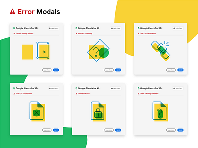 Google Sheets for Adobe XD - Errors broken link error error modals errors google illustrations locked material modal no data no file no file selected no selection plugin vector