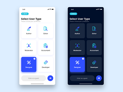 Daily UI - #64 Select User Type 2d app art blue color dailyui dark design dribbble icon illustration ios iphone minimal select user type ui user experience user interface ux vector