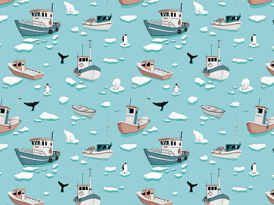 Arctic pattern boat fishing iceberg illustrated pattern illustration mixed media ocean patten pattern design penguin polar bear winter