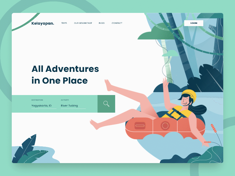 Kelayapan Header Animation activities adventure aniamtion booking green header illustration motion outdoor river tubing swimming ui vest web