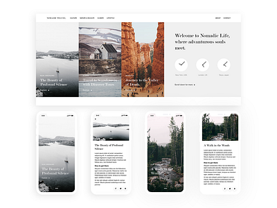 Nomadic Life Adaptive Web Design adaptive blog clean design forest minimal mobile nomad responsive shadow travel travel blog ui ux vietnam wanderlust web white