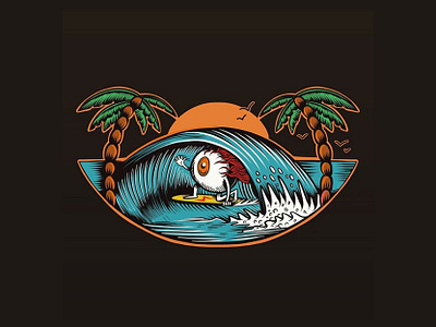 Surfing Eyeball beach california cartoon creepy design eyeball illustration joe tamponi ocean old school palm trees punk rock skate skateboard graphics skateboarding art summer sun surf surfing wave