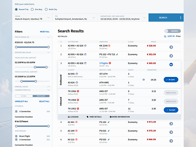 Airline Search Results Page add to basket add to cart airline airlines data visualisation filter filters flight flight booking flight search flights results search search bar search box search results ticket tickets ui design ux design