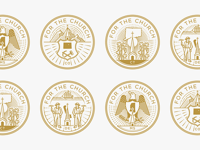 For the Church — Colorado, Connecticut, Delaware, Mississippi badge coat of arms engraving etching illustration line art logo peter voth design seal vector