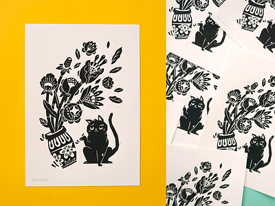 Hand pressed block print amsterdam blackandwhite blockprint cat drawing flowers handmade handpressed illustration linedrawing linoprint