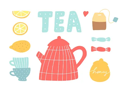 Tea hand drawing vector illustration for poster candy cups hand draw illistration kettle lemon placard poster tea tea bag
