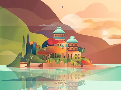 Naboo from Star Wars Landscape amidala clouds design design art flat illustration illustrations lagoon landscape mountains naboo nature planet sky space star wars sunset trees universe vector