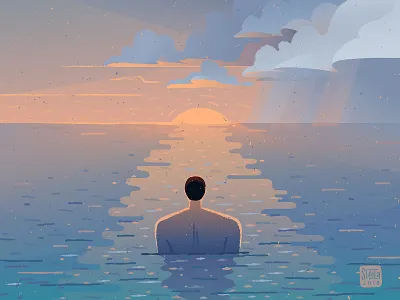 Musting adobe illustrator digital 2d digital art editorial editorial illustration illustration man meditation minimal mood nature ocean sea sun sun rays sunset vector wanderlust water waves