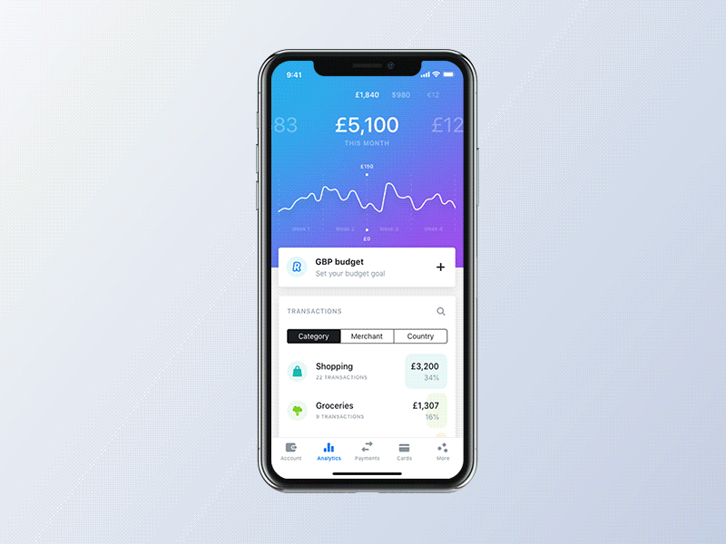 Banking App Transitions analytycs animation app banking app chart ecommerce app finance gradient graph transition uiux