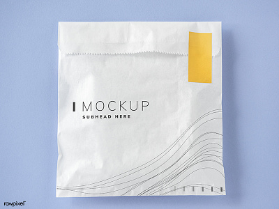 White package mockup with a yellow seal badge closed copyspace envelope mockup modern package paper shopping style waves