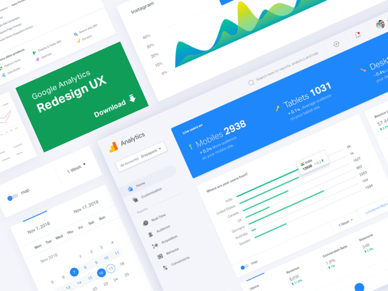 Google Analytics Redesign analitycs analytics dashboard dark free ui kit google icons interaction design light sketch app theme ui design ux