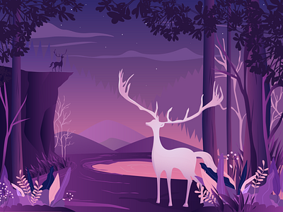Deers in the night deer design digital forest illustration lake leaves mountain nature outdoor plant scene water