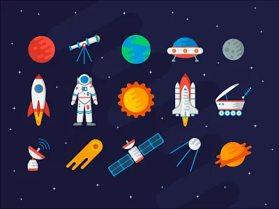 Space icons astronaut design flat icon illustration planet rocket set space vector