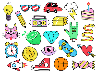 Janky Icons boombox cake design funky gold icons illustration line work money skateboard stylized vector