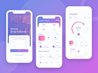 Smart Home Control App Concept app cards clean design app design art ios minimal overview remote control sign in sketch smart smart home ui ui ux design vector violet