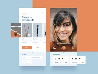 AR Eyewear shop augmentedreality camera cart clean app ecommerce frames ios machine learning mobile spectacles ui ux