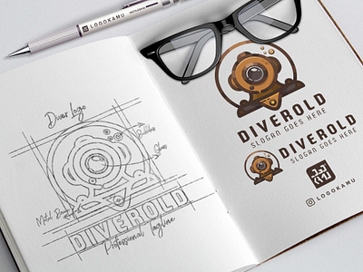 Diver Old Logo brand branding design diver diving drawing helmet icon identity illustration logo logo process logo template mask old protection sketch sketching unique logo vector