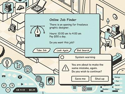 2 lifes 1 job comic sans computer designer freelance funny game house icons illustration isometric job macintosh retro sims ui vintage windows work