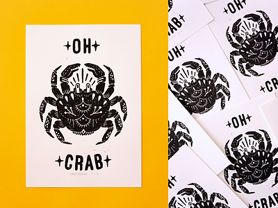 Hand pressed block print black and white blockprint crab drawing handlettering handmade illustration lettering linoprint traditional